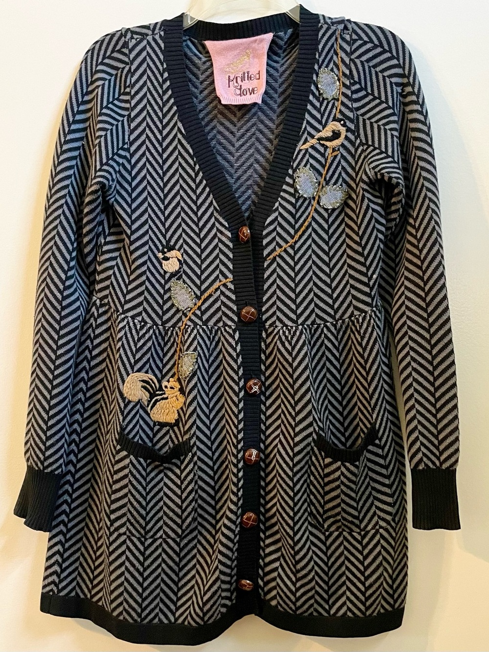 Knitted Dove Embroidered Button-Front Cardigan